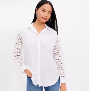 Ann Taylor LOFT Eyelet Long Sleeve Cotton Blend Dress Shirt XS White Top White